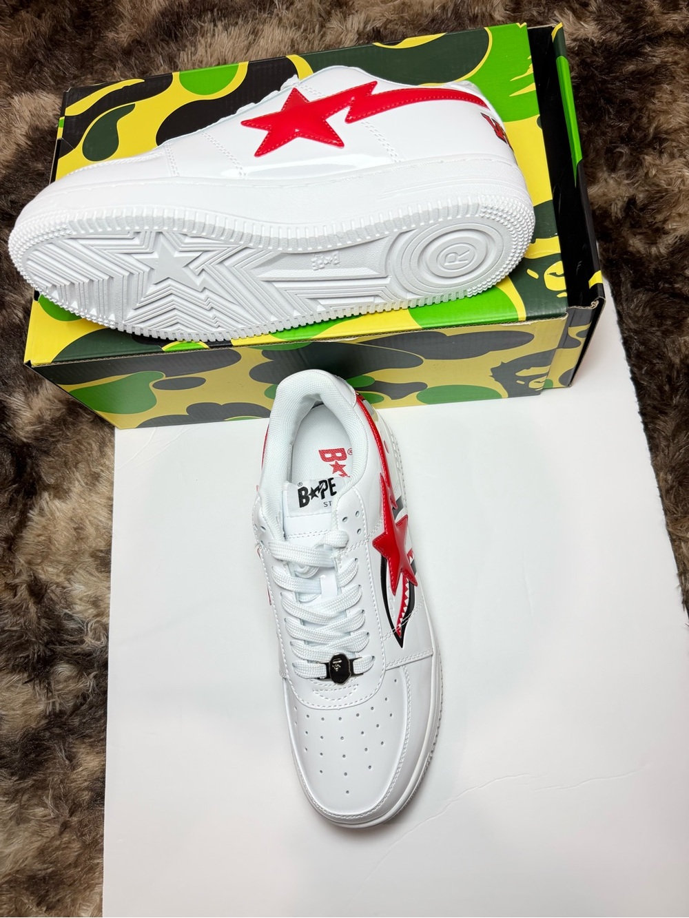 Bape White Leather Low-Top Sneakers with Red Star & Lightning